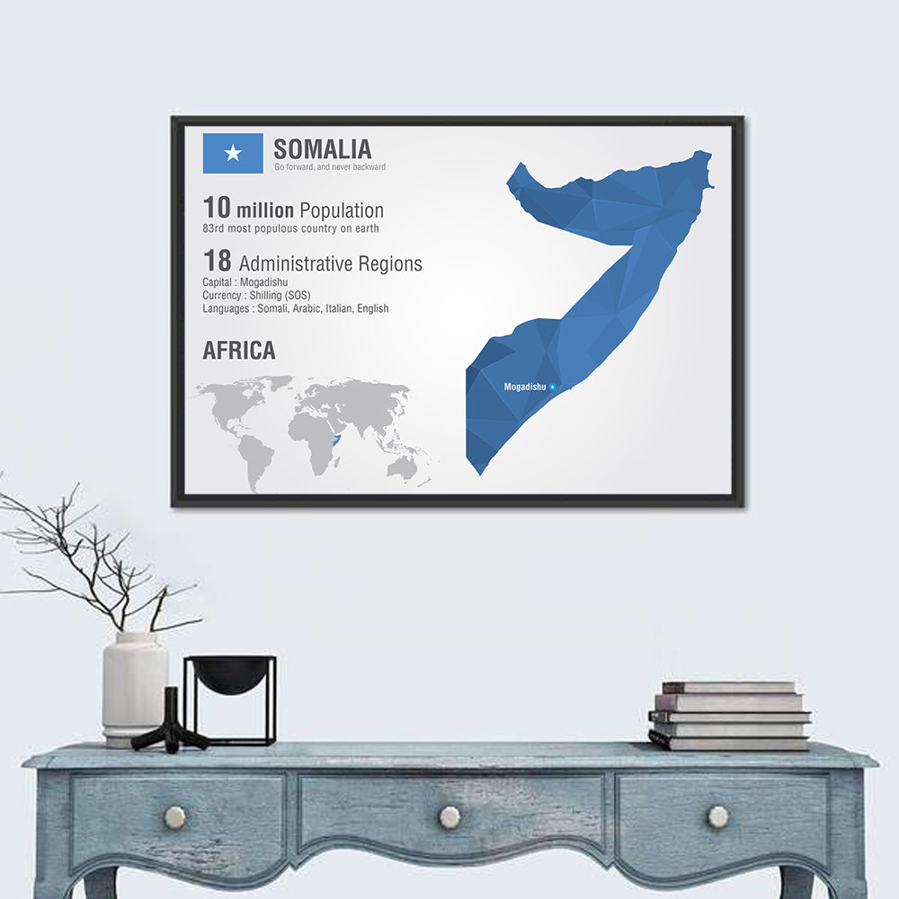 Somalia Geometric Map Wall Art in a room, landscape
