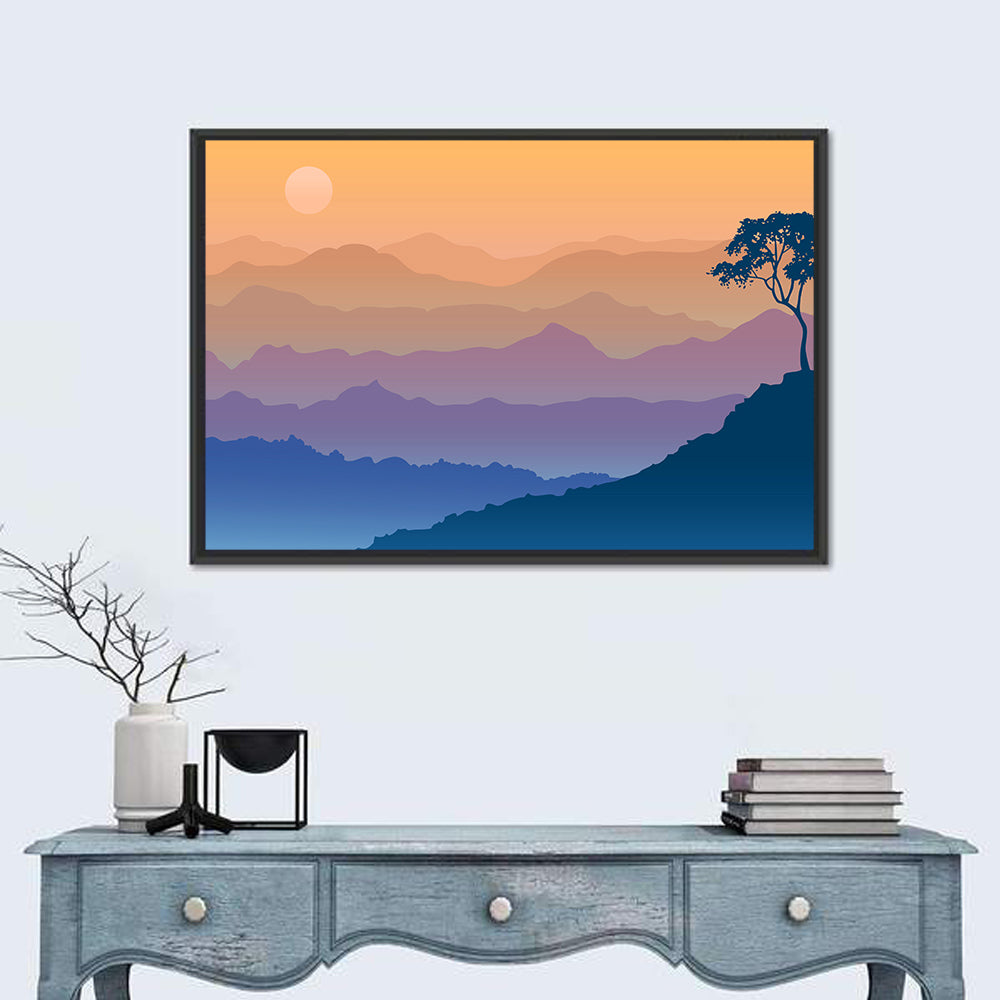 Layered Mountain Sunrise with Tree Silhouette Wall Art