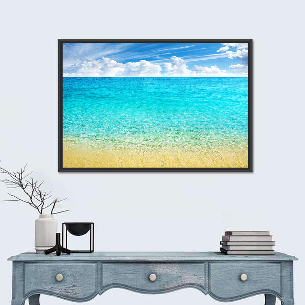 Cloudy Summer Beach Wall Art in a room, landscape