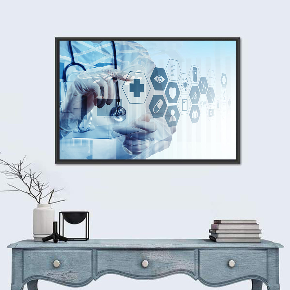 Doctor Double Exposure with Medical Icons Wall Art in a room, landscape