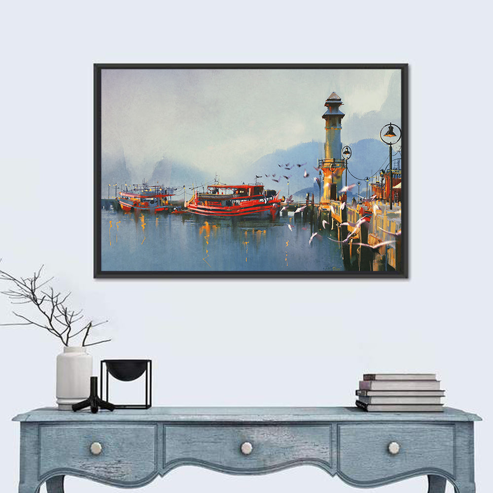 Fishing Boat at Misty Harbor Wall Art