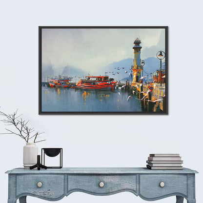 Fishing Boat at Misty Harbor Wall Art