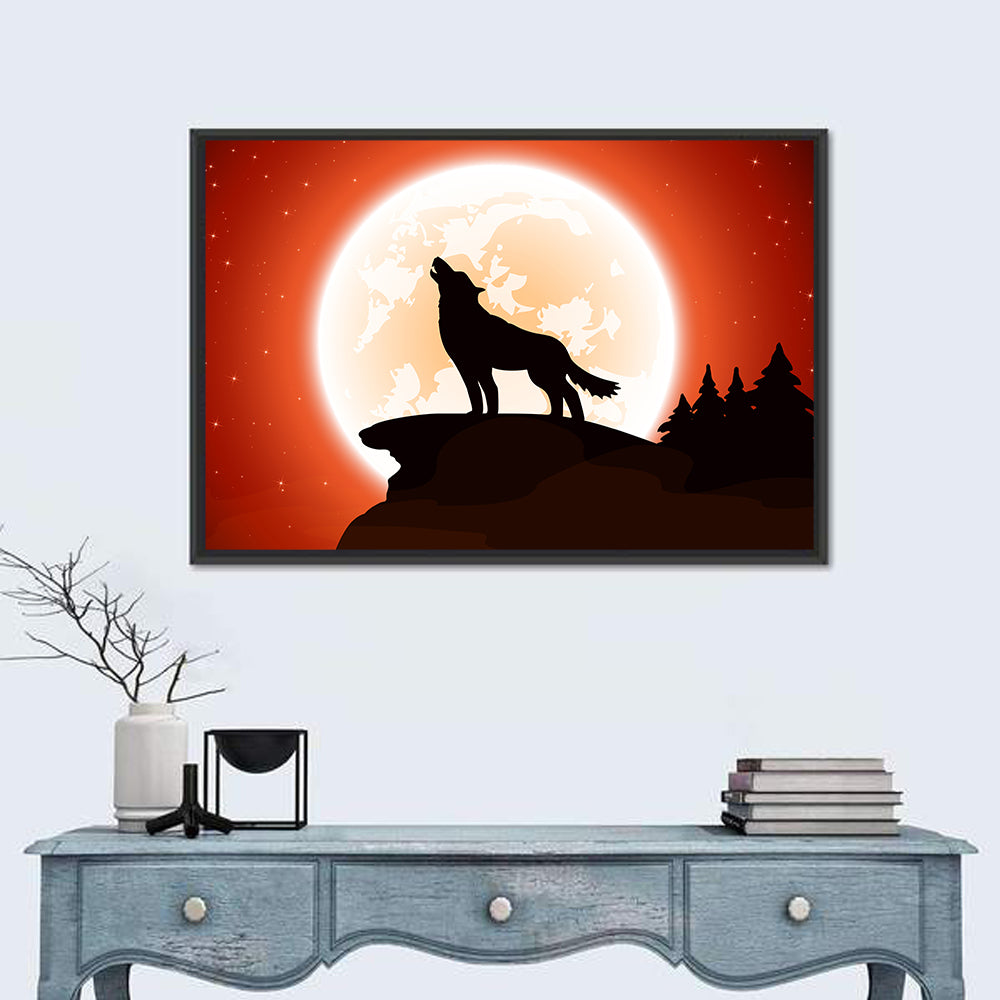 Howling Wolf Under Full Moon Wall Art in a room, landscape