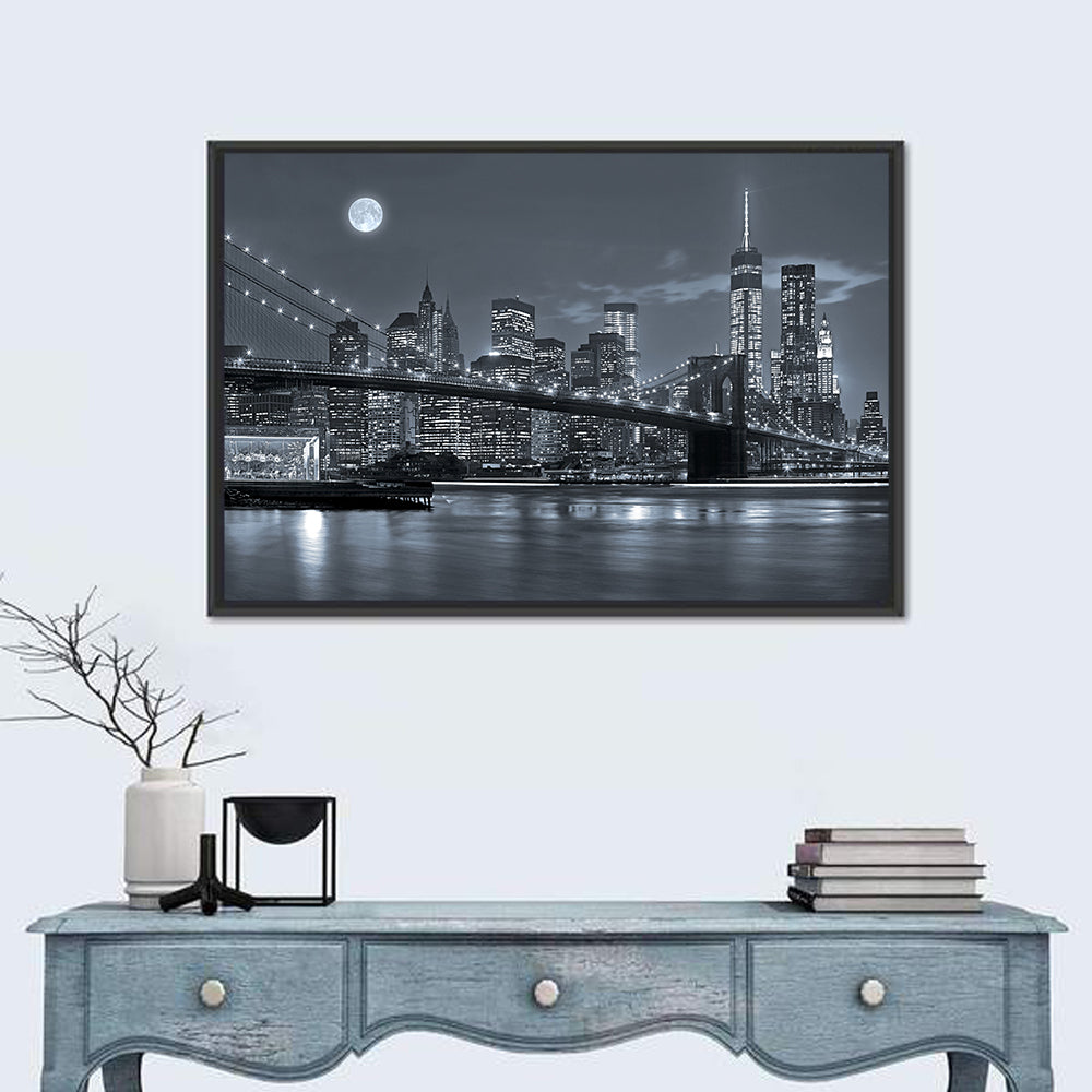 Brooklyn Bridge Night Skyline Wall Art in a room, landscape