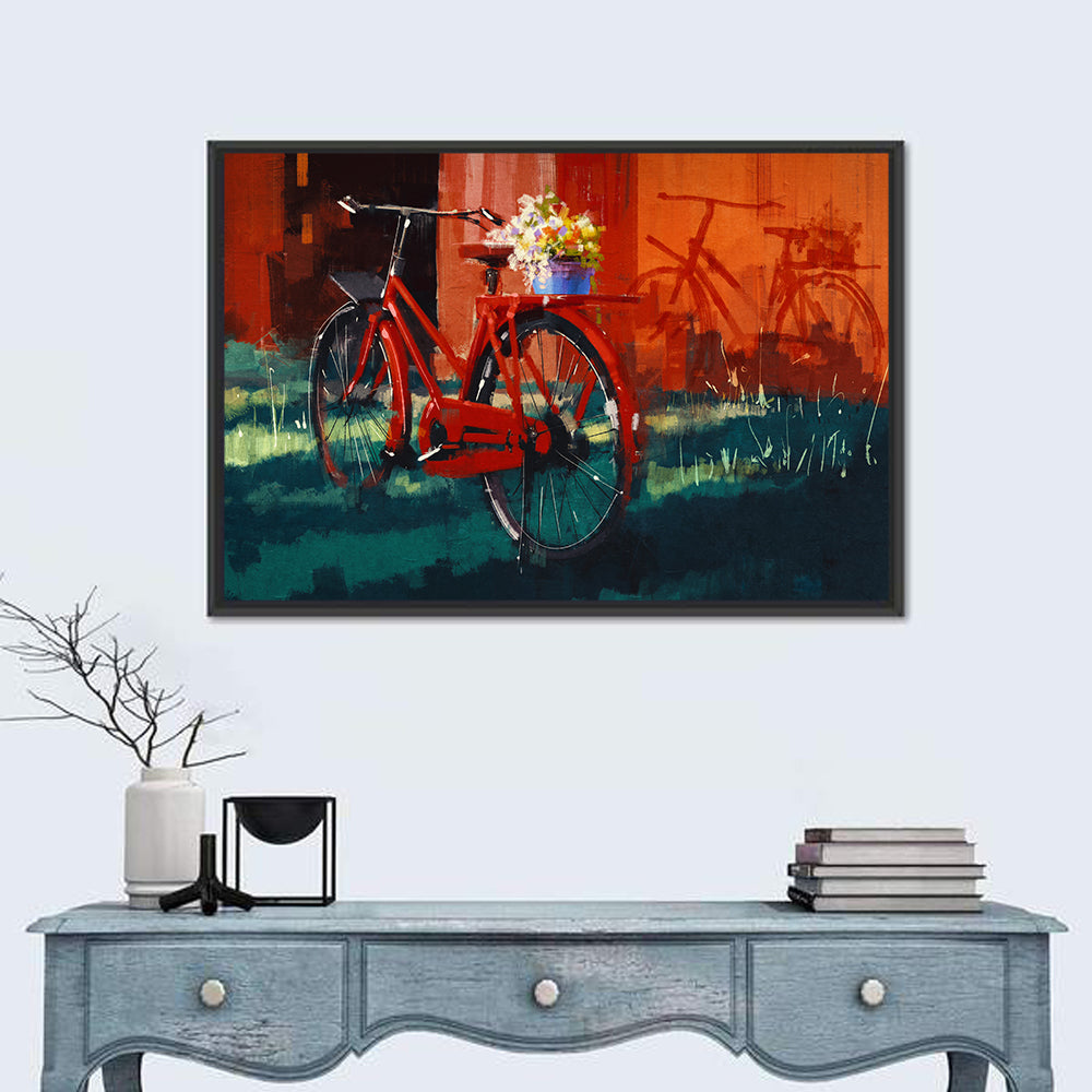 Vintage Bicycle with Floral Basket Wall Art in a room, landscape