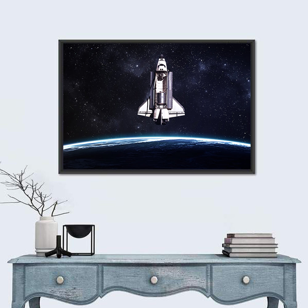 Space Shuttle Over Curved Earth Wall Art in a room, landscape