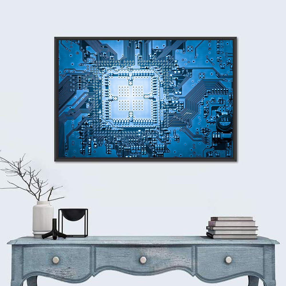 Blue Circuit Board Close-up Wall Art in a room, landscape