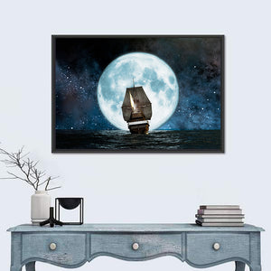 Sea Boat Under Moon Wall Art