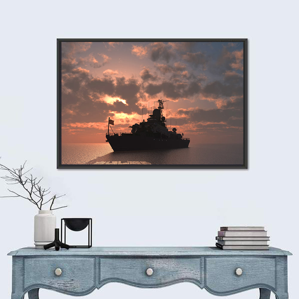 Warship Silhouette at Sunset Wall Art in a room, landscape