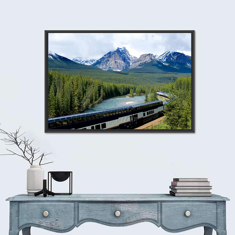 Glass Roof Train in Canadian Rockies Wall Art in a room, landscape