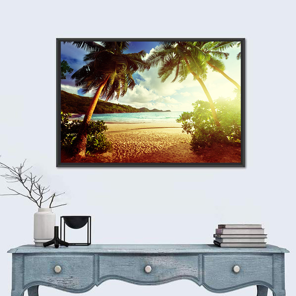 Takamaka Beach Sunset Wall Art in a room, landscape