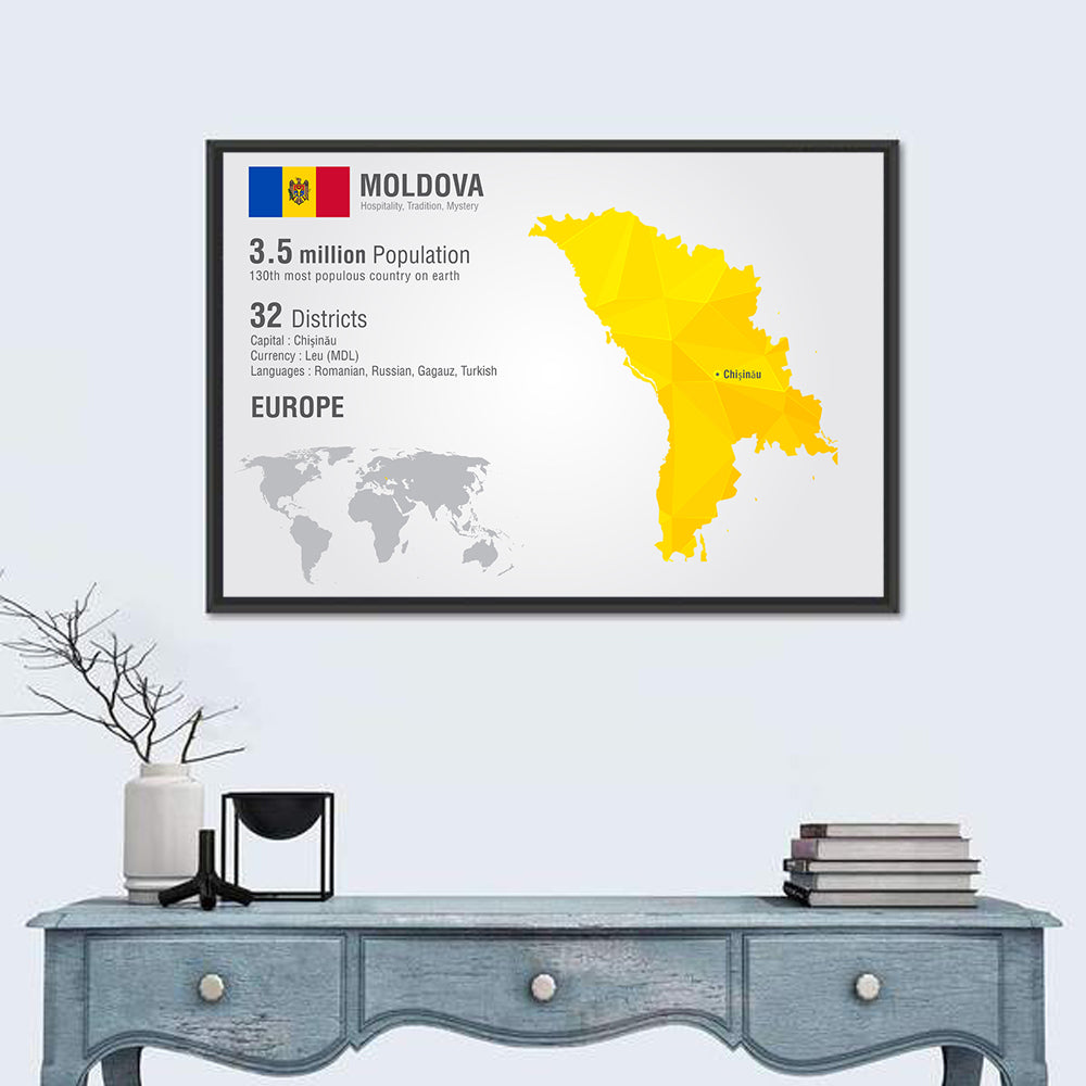 Moldova Low-poly Map Infographic Wall Art in a room, landscape