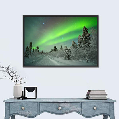 Aurora Over Snowy Forest Road Wall Art