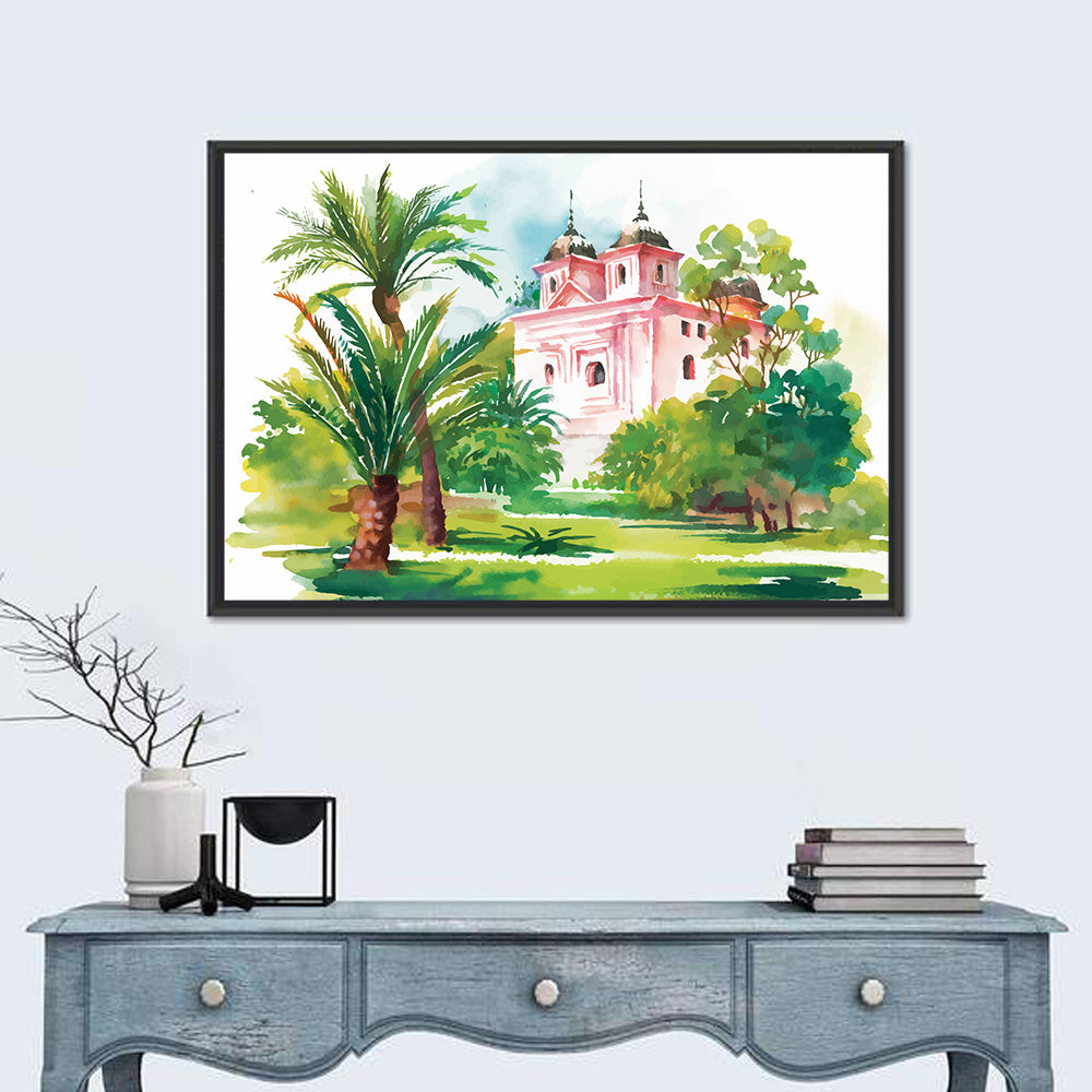 Pink House in Garden Illustration Wall Art in a room, landscape