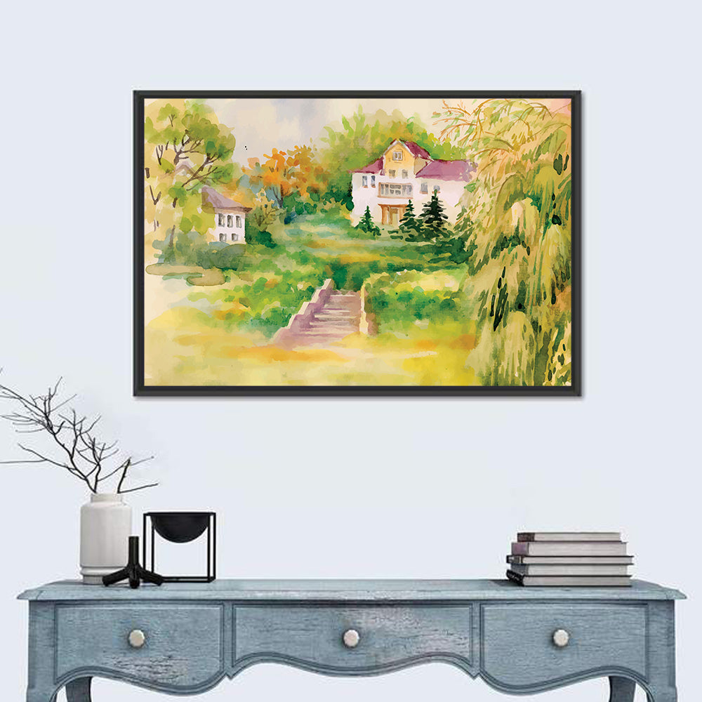 Hilltop House in Garden Illustration Wall Art