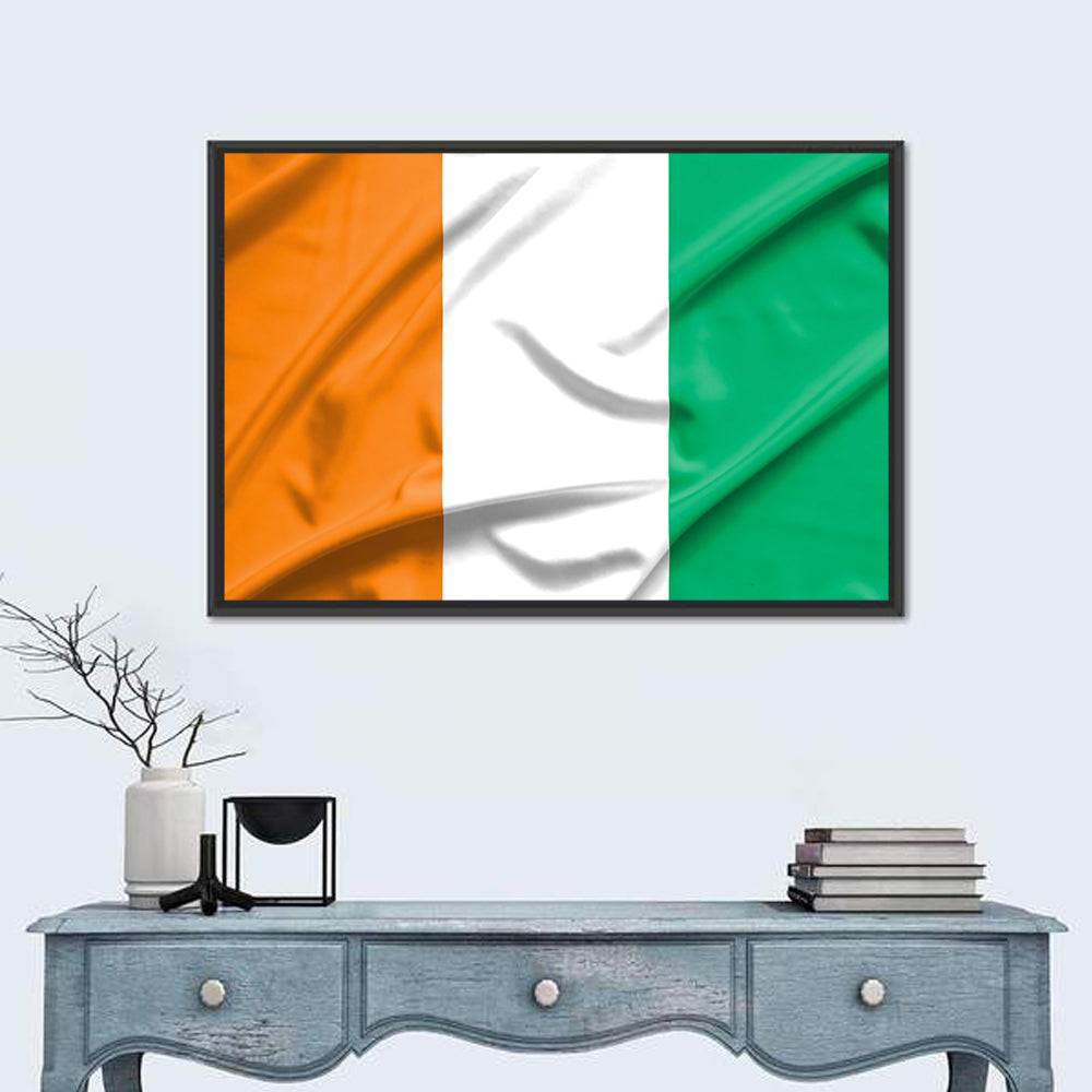Ivory Coast Flag Rippled Tricolor Wall Art in a room, landscape