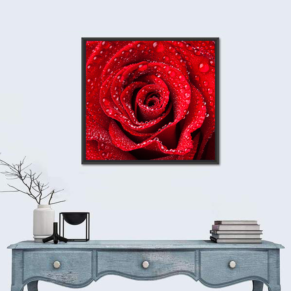 Dew-kissed Red Rose Closeup Wall Art