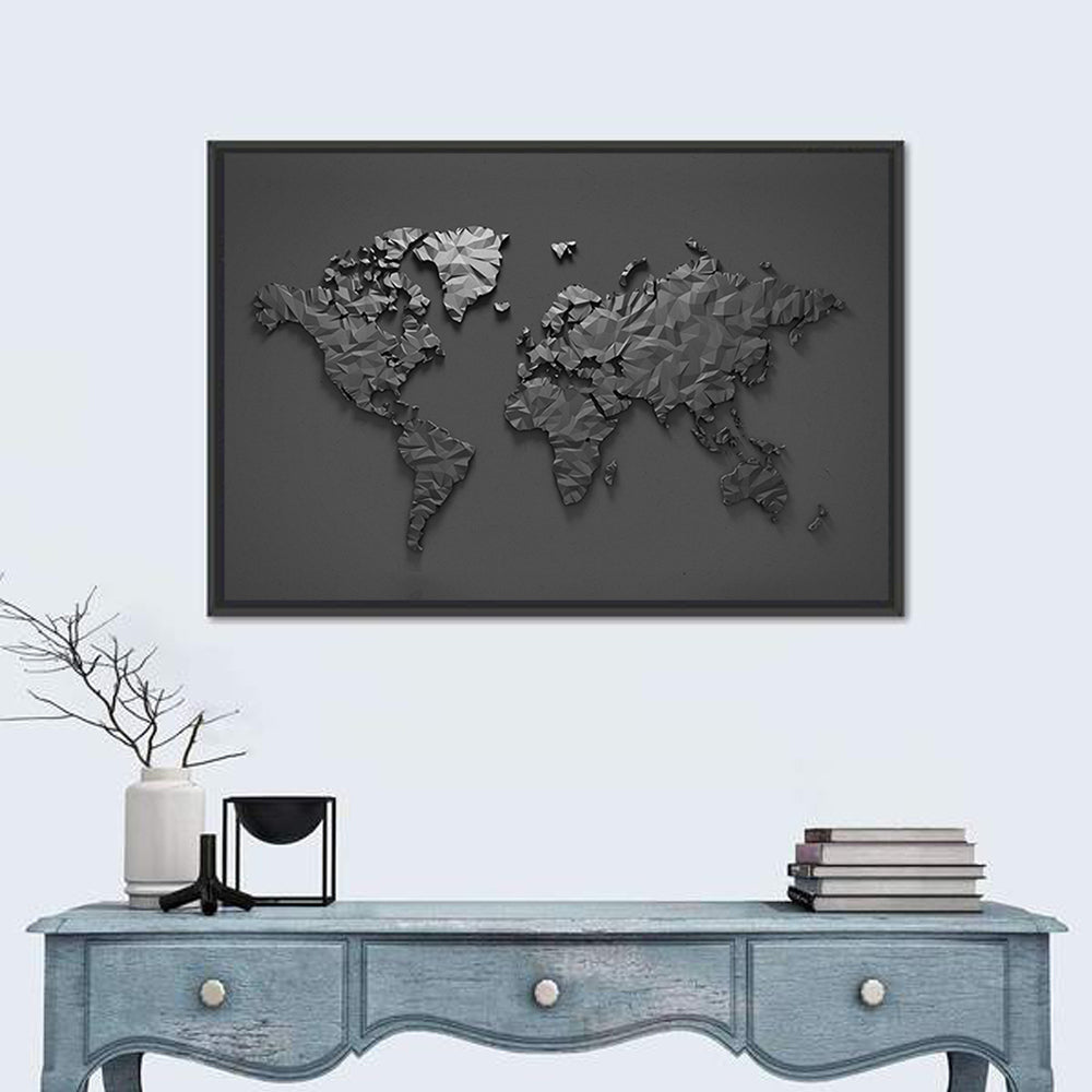 Low-poly World Map Wall Art in a room, landscape