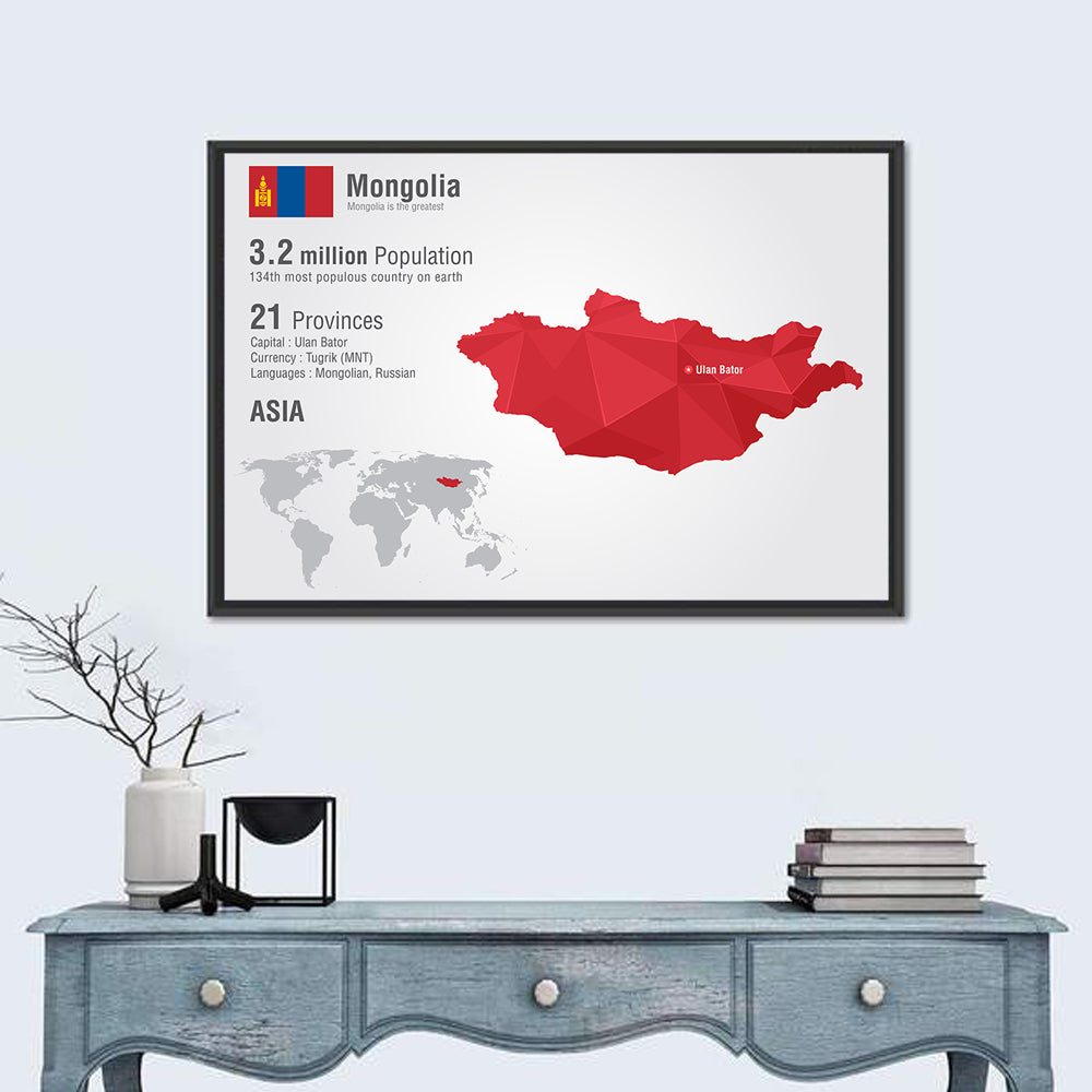 Mongolia Low-poly Map Wall Art in a room, landscape