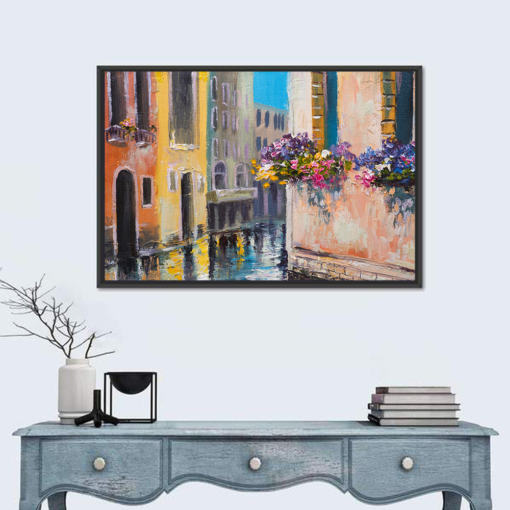 Venice Canal with Flower Boxes Wall Art in a room, landscape