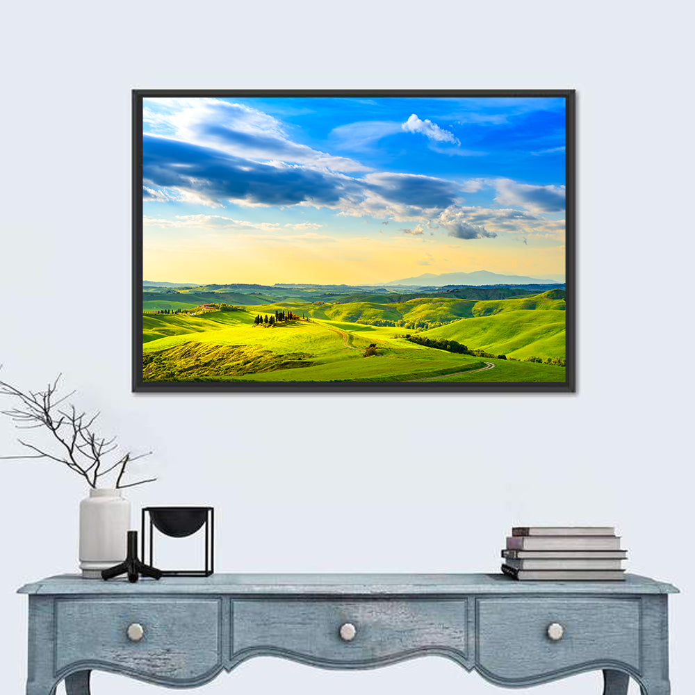 Cypress Farmhouse at Golden Hour Wall Art in a room, landscape