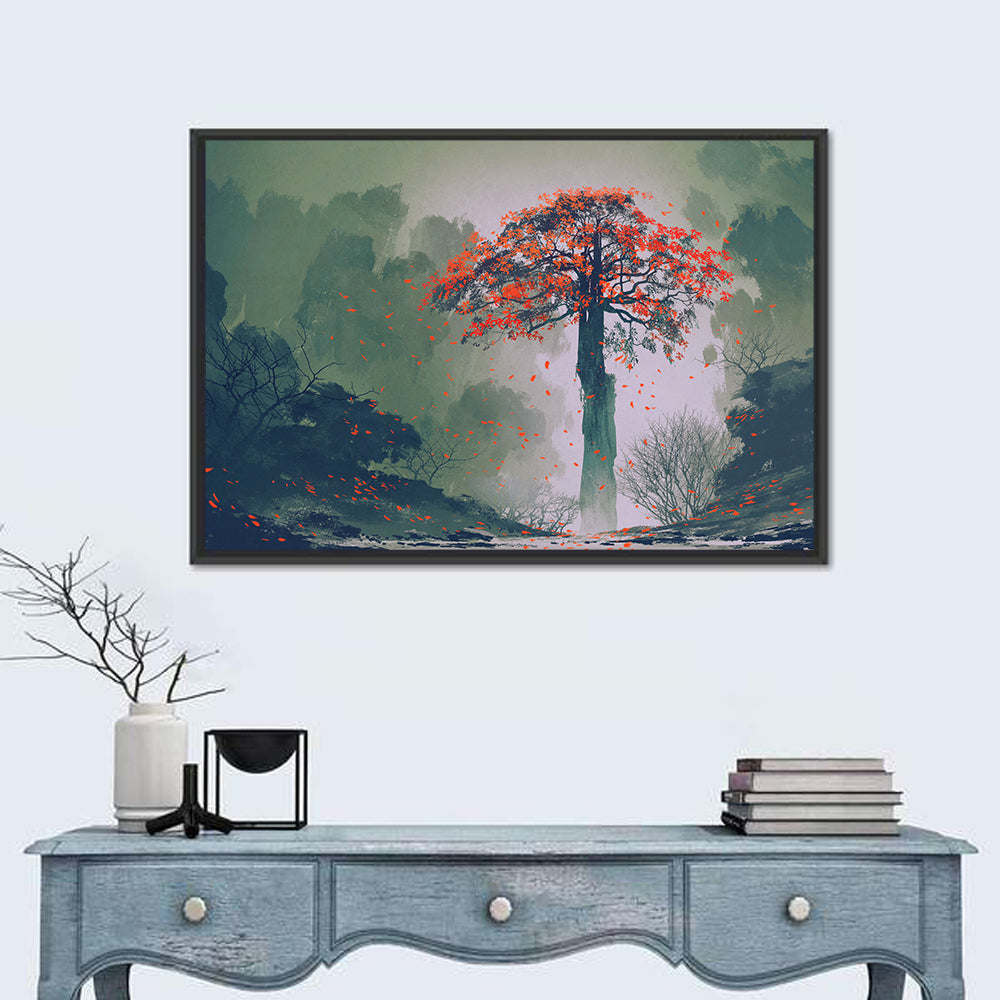 Misty Red Autumn Tree Wall Art in a room, landscape