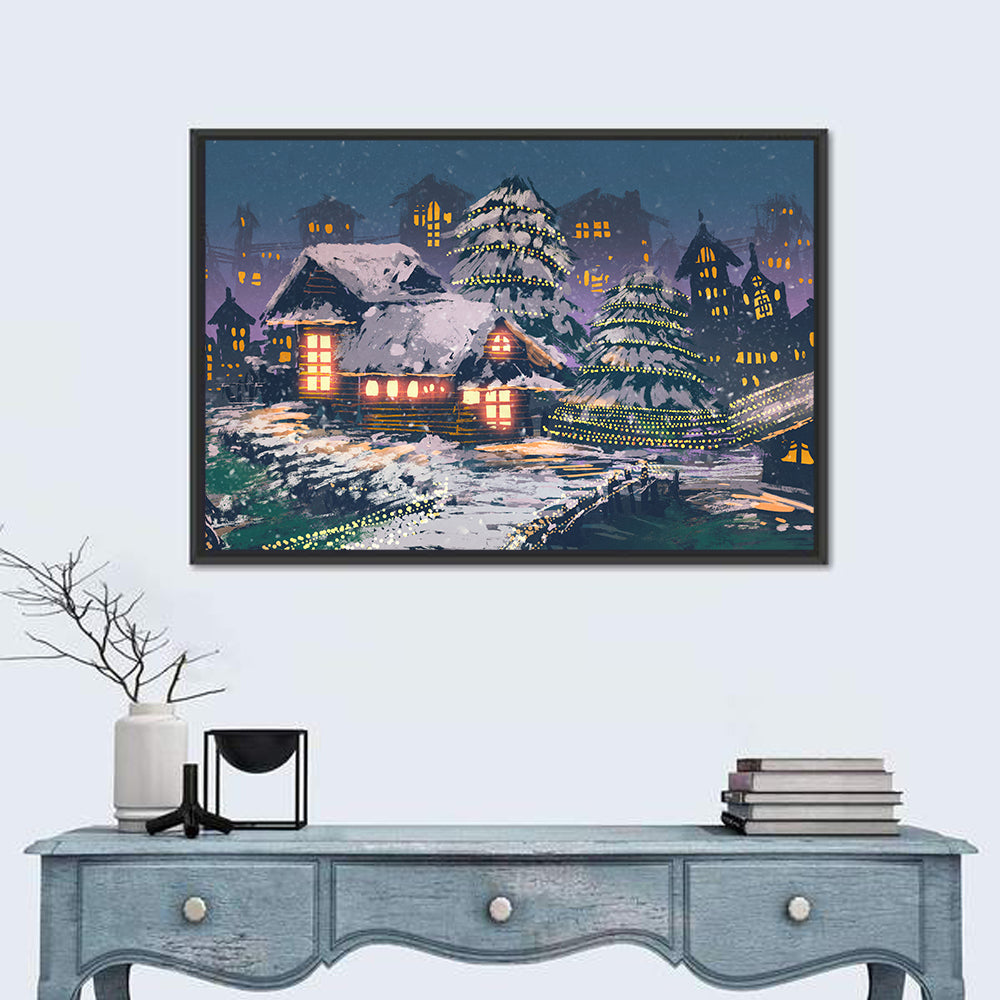 Christmas Night Village Scene Wall Art in a room, landscape