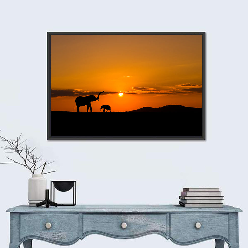 Savannah Elephant Silhouettes Wall Art in a room, landscape