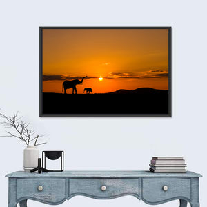 Elephants In Savannah At Sunset Wall Art