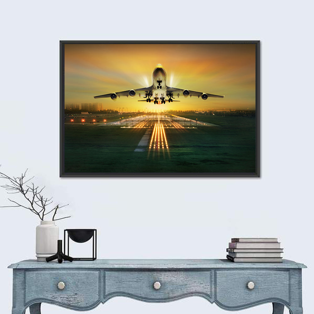 Passenger Plane Over Runway at Dusk Wall Art in a room, landscape