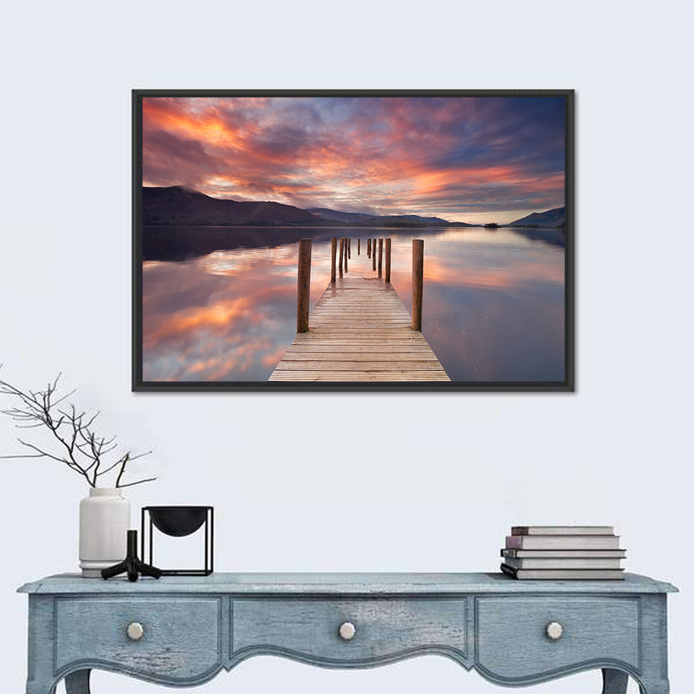 Flooded Jetty in Derwent Water Wall Art in a room, landscape