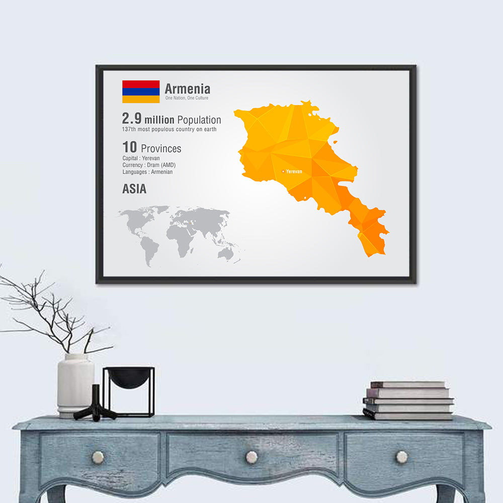 Armenia Low-poly Map Infographic Wall Art in a room, landscape