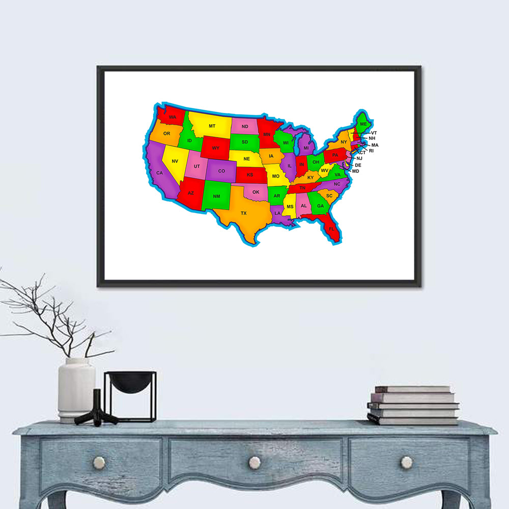 Bold United States Map Wall Art in a room, landscape