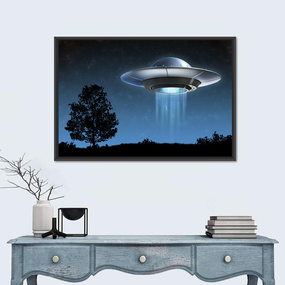 Ufo Over Silhouetted Grassland Wall Art in a room, landscape