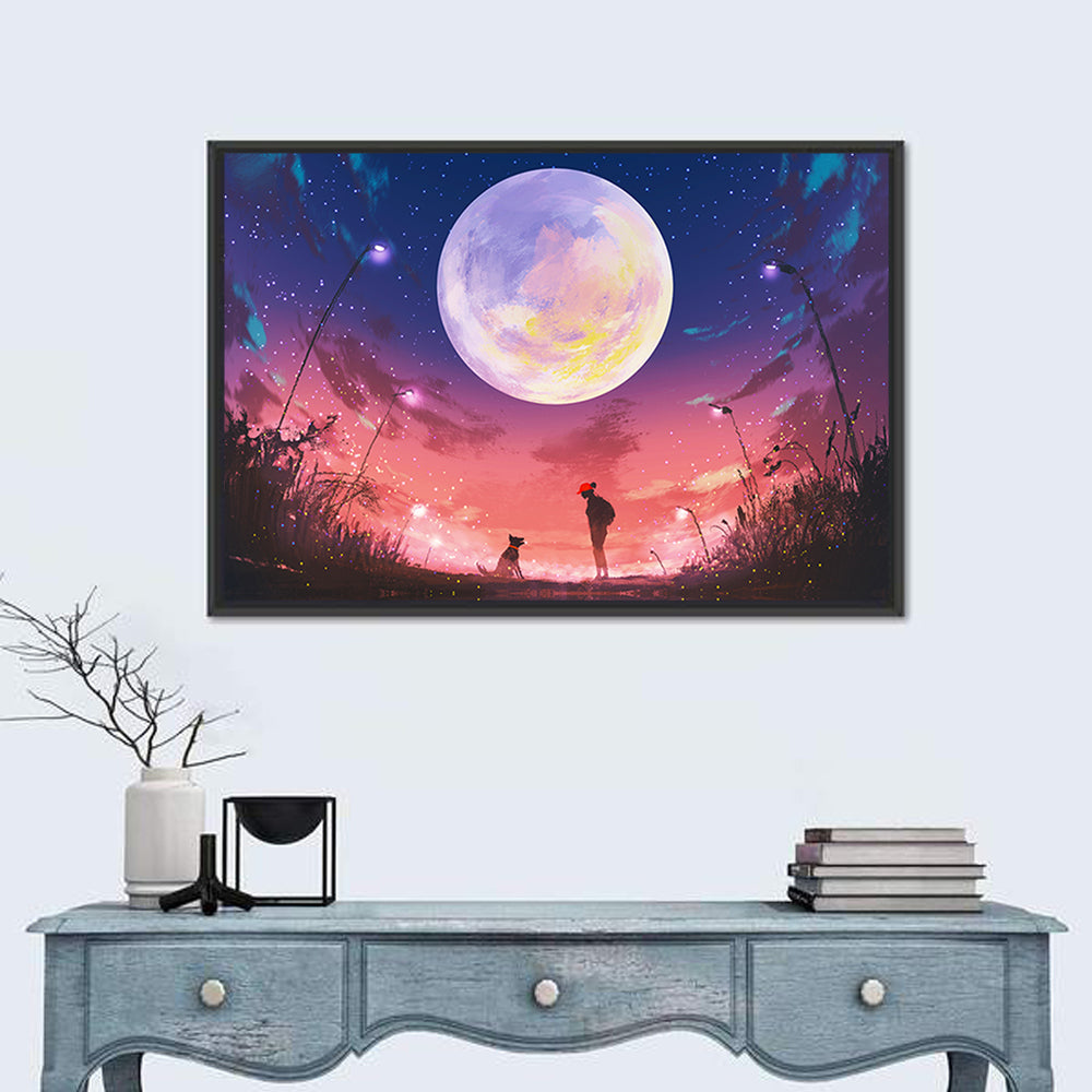 Woman and Dog Beneath Oversized Moon Wall Art