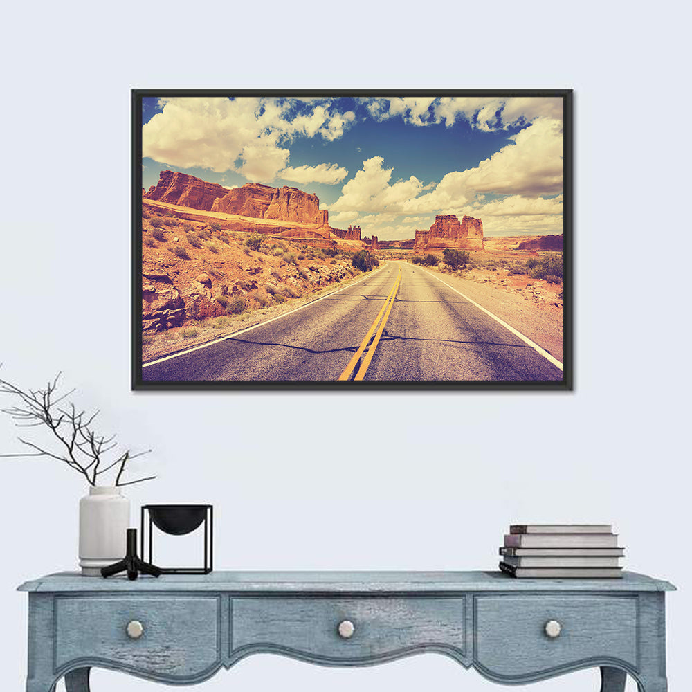 Vintage Desert Road USA Wall Art in a room, landscape