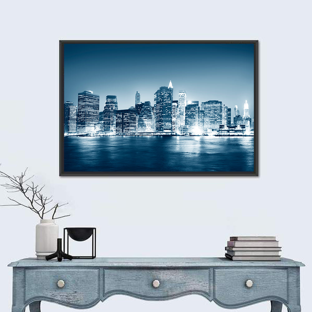New York Night Skyline Reflection Wall Art in a room, landscape