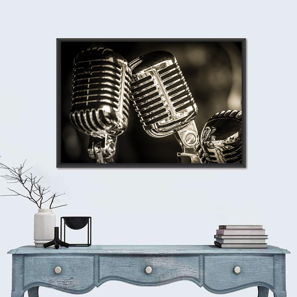 Three Vintage Studio Microphones Wall Art in a room, landscape
