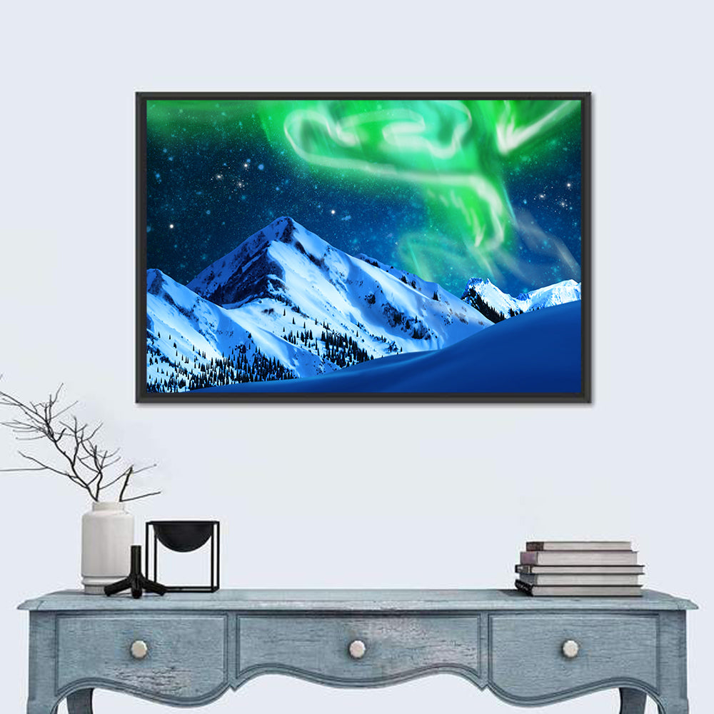 Glowing Aurora Over Snow Capped Mountains Wall Art in a room, landscape