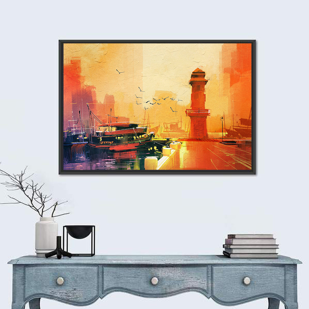 Golden Harbor Lighthouse and Fishing Boat Wall Art