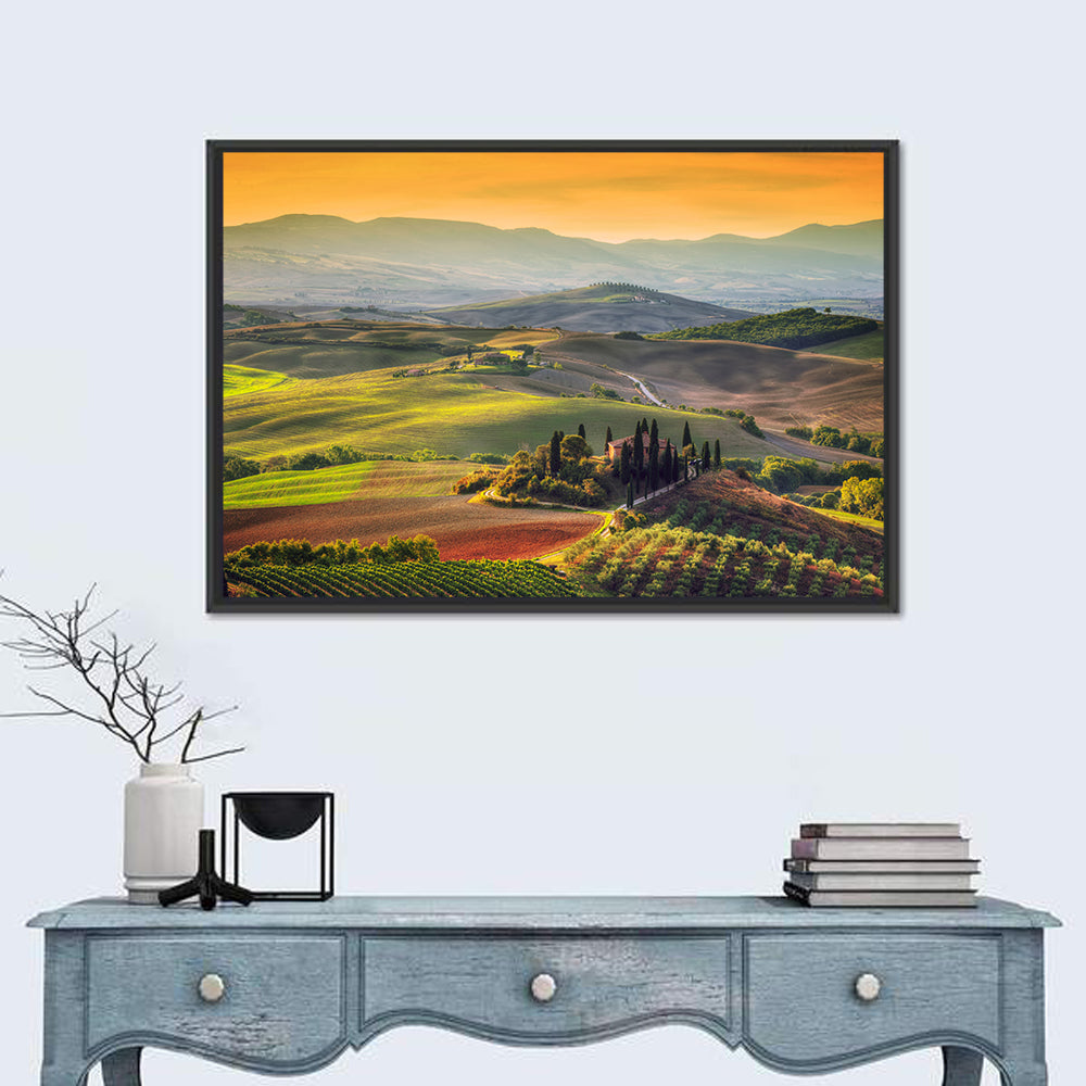 Val D'orcia Sunset Hills Wall Art in a room, landscape