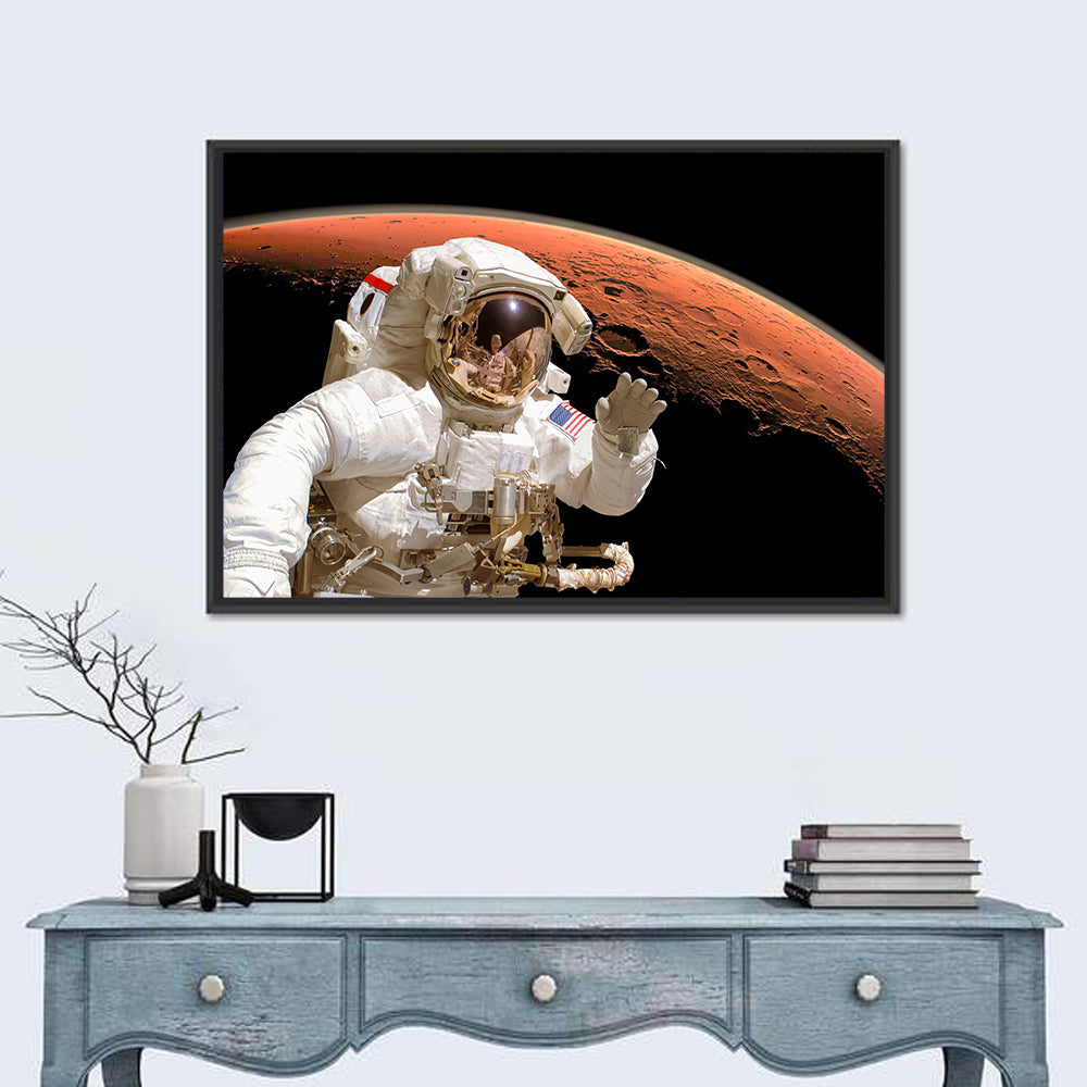Astronaut with Gold Visor on Mars Wall Art in a room, landscape