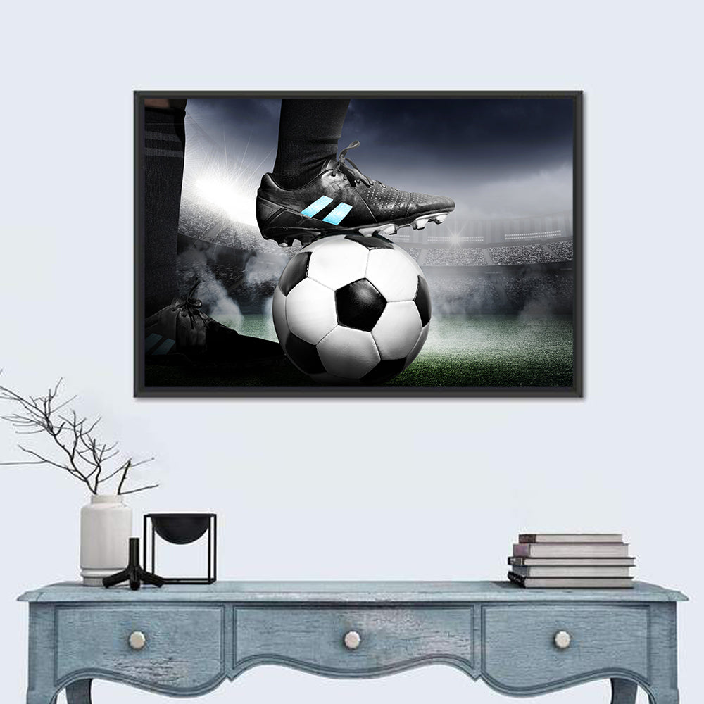 Low Angle Soccer Cleat Close Up Wall Art in a room, landscape