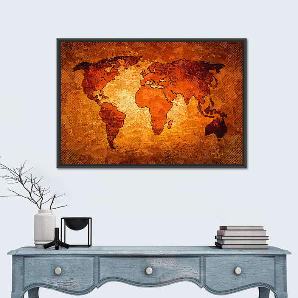 Glowing Orange World Map Wall Art in a room, landscape