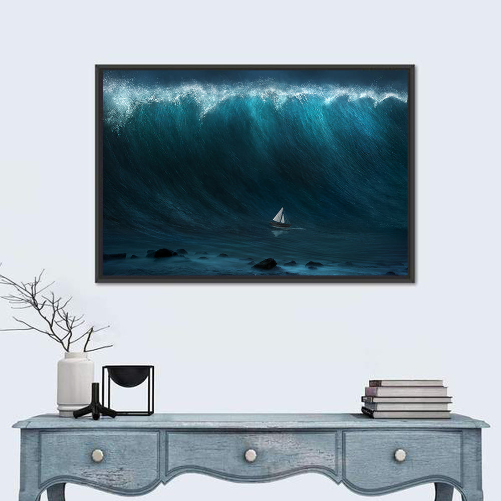Sailboat Against Giant Wave Wall Art