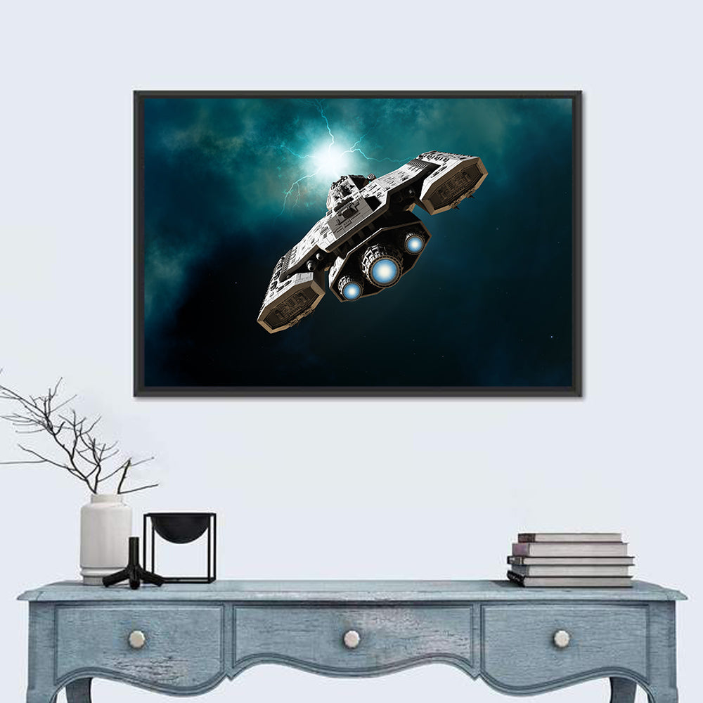 Low Angle Starship with Blue Thrusters Wall Art in a room, landscape