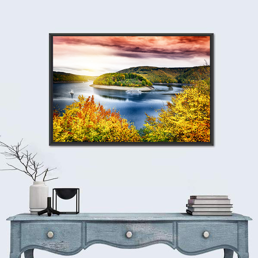 Autumn Sunset Over Lake with Boat Wall Art in a room, landscape