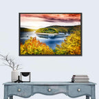 Autumn Sunset Over Lake with Boat Wall Art