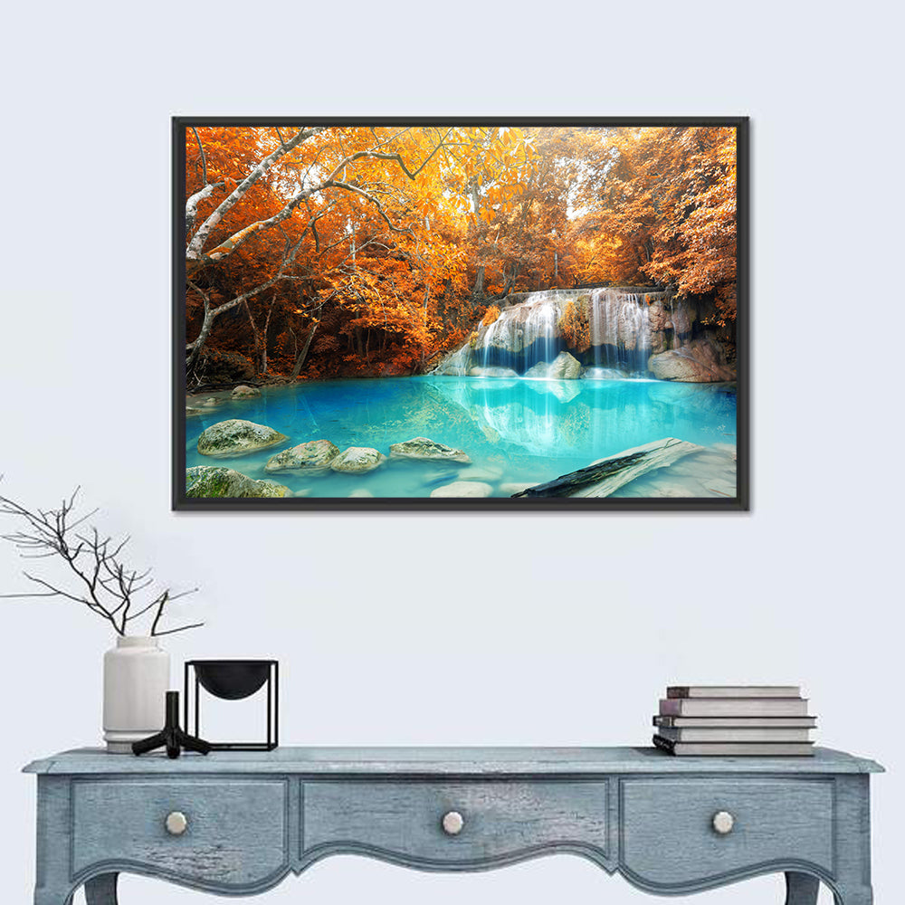 Erawan Waterfall Autumn Reflection Wall Art in a room, landscape