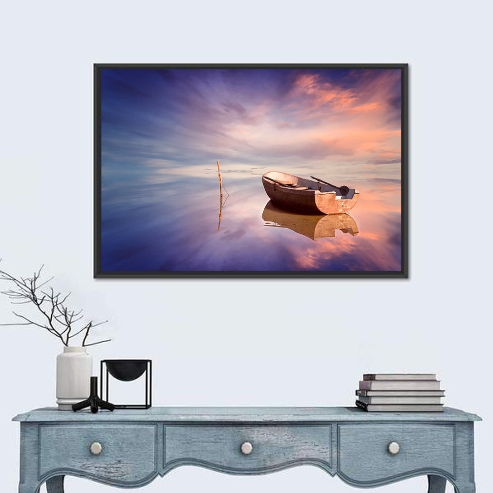 Lonely Boat at Sunset Wall Art in a room, landscape